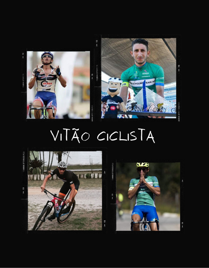 Colagem de fotos de Vitor Gustavo em pódios e provas de ciclismo